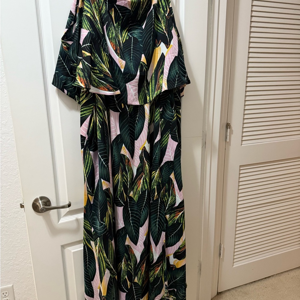 BloomChic Green and Pink Off-Shoulder Maxi Sundress